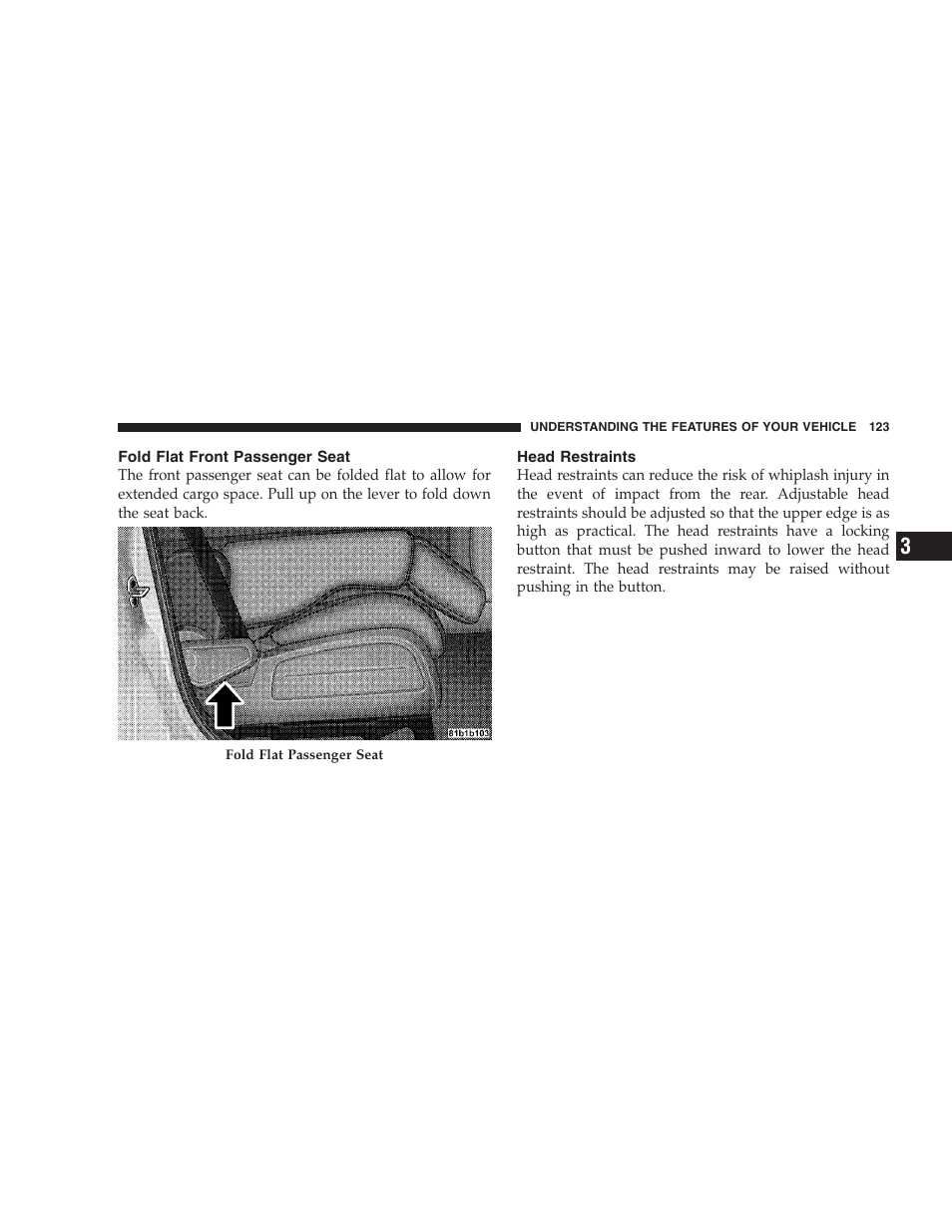 Fold flat front passenger seat, Head restraints | Dodge 2009 Nitro User Manual | Page 125 / 459