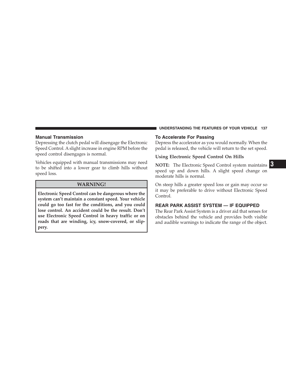 Manual transmission, To accelerate for passing, Rear park assist system - if equipped | Dodge 2009 Nitro User Manual | Page 139 / 459