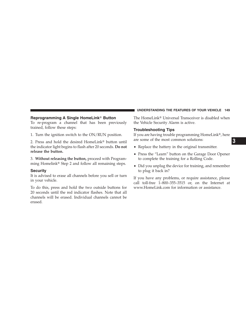 Reprogramming a single homelink button, Security, Troubleshooting tips | Dodge 2009 Nitro User Manual | Page 151 / 459