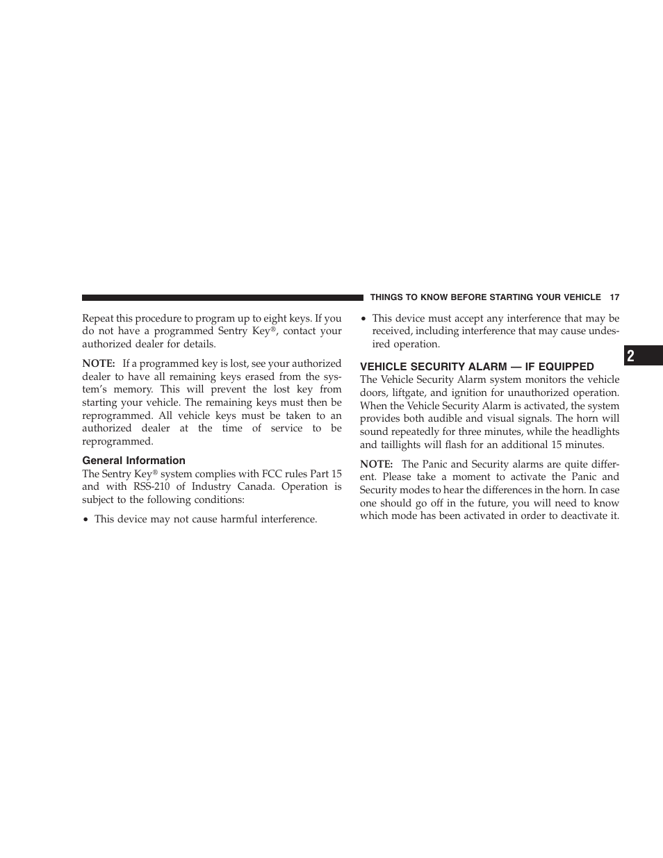 General information, Vehicle security alarm - if equipped, Vehicle security alarm — if equipped | Dodge 2009 Nitro User Manual | Page 19 / 459