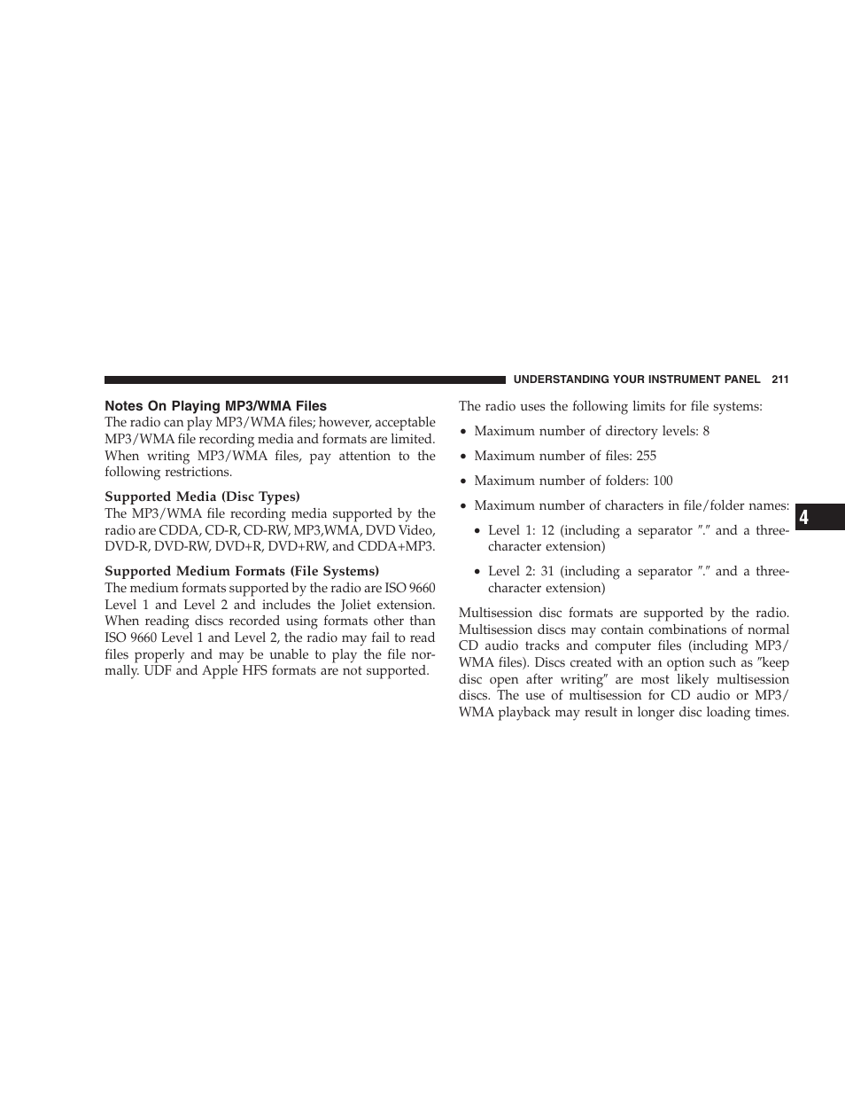 Notes on playing mp3/wma files | Dodge 2009 Nitro User Manual | Page 213 / 459