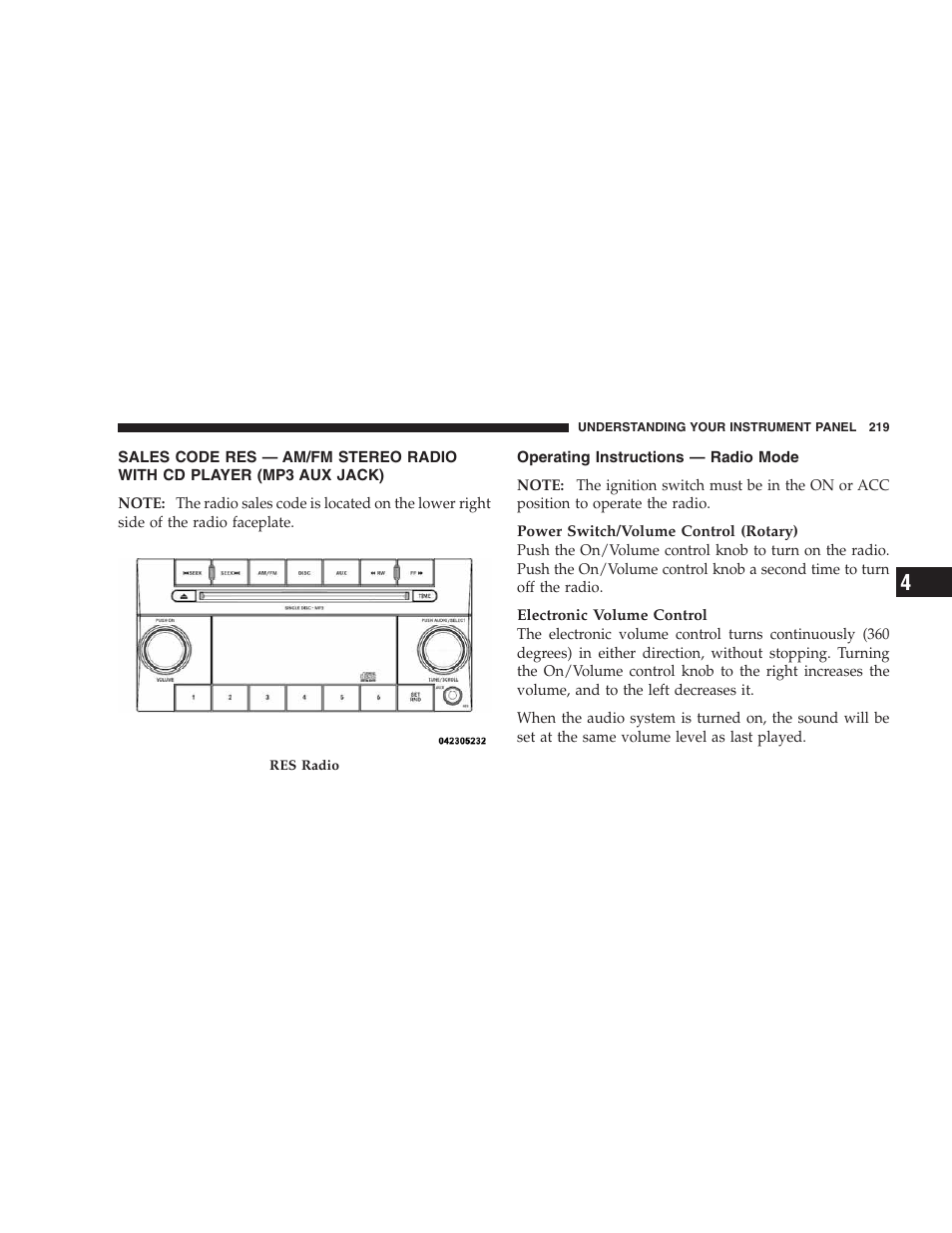 Operating instructions - radio mode | Dodge 2009 Nitro User Manual | Page 221 / 459