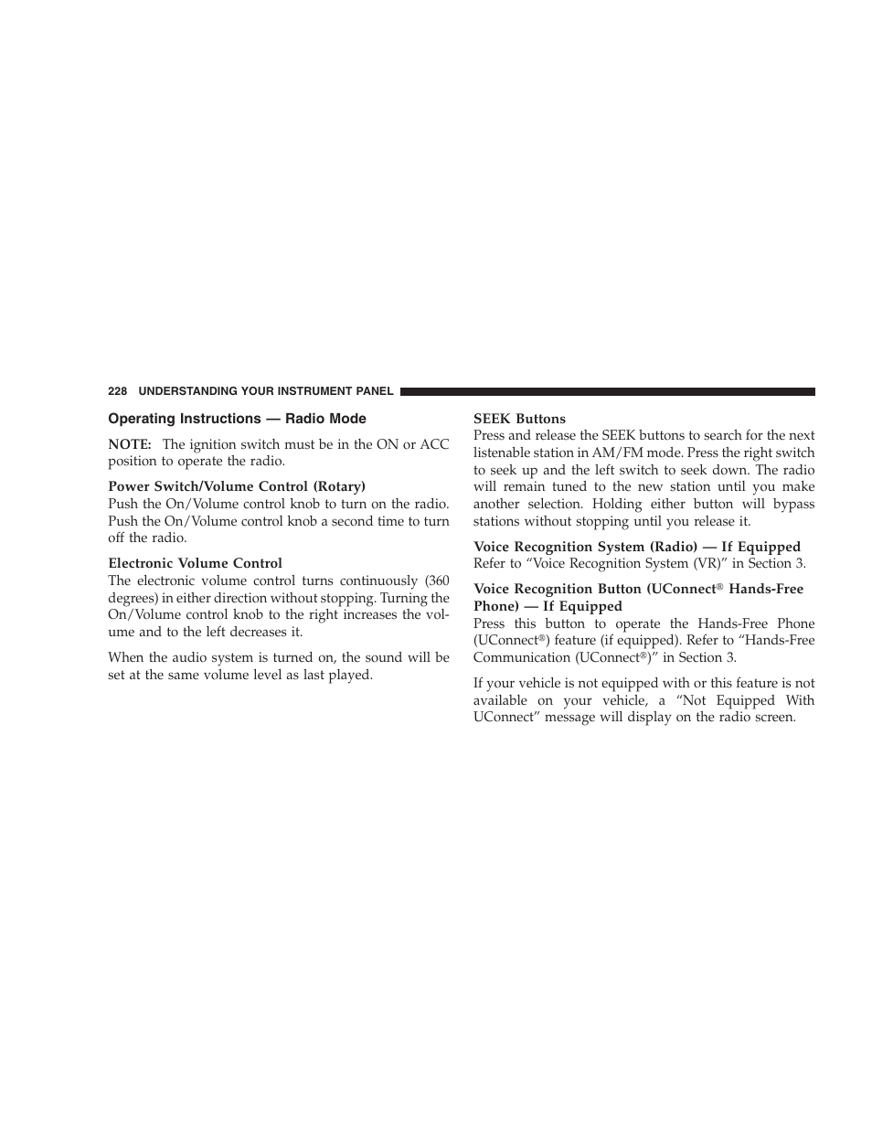 Operating instructions - radio mode | Dodge 2009 Nitro User Manual | Page 230 / 459