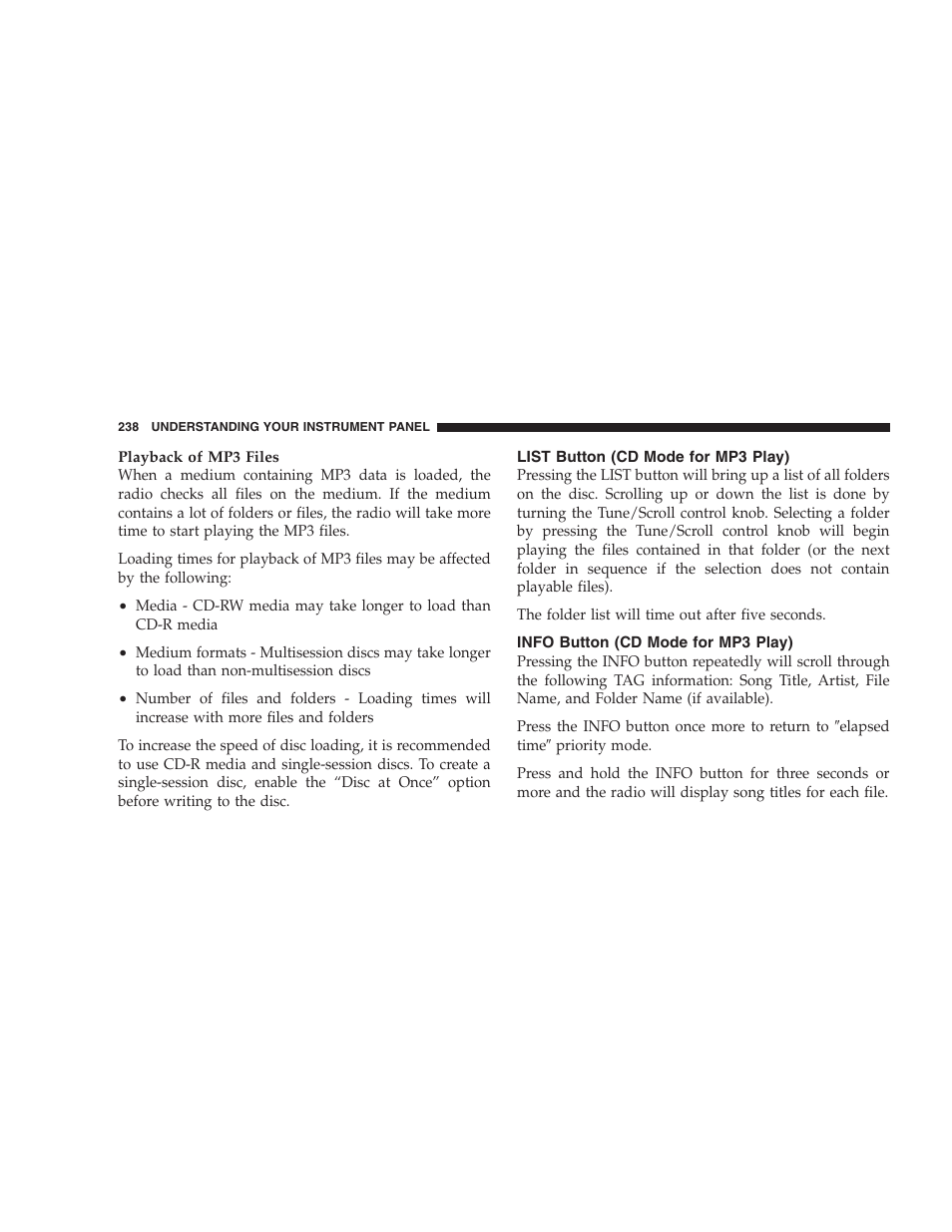 List button (cd mode for mp3 play), Info button (cd mode for mp3 play) | Dodge 2009 Nitro User Manual | Page 240 / 459