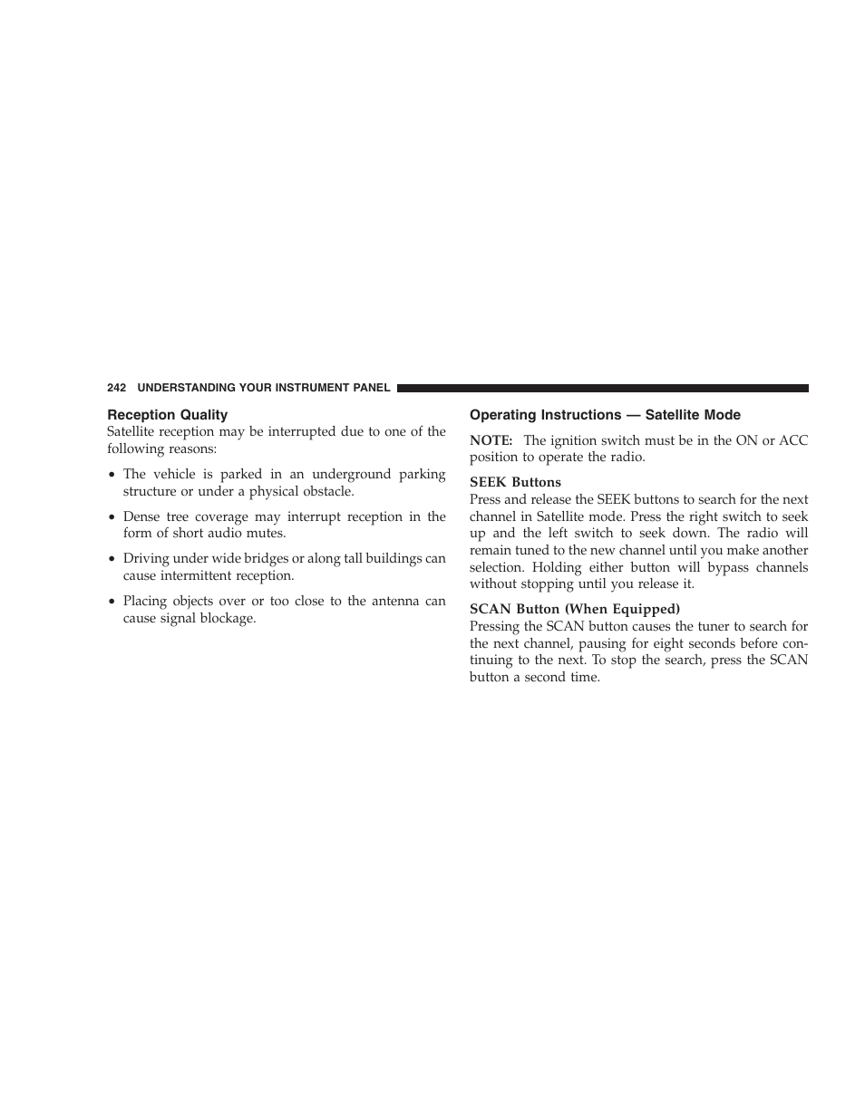 Reception quality, Operating instructions - satellite mode | Dodge 2009 Nitro User Manual | Page 244 / 459