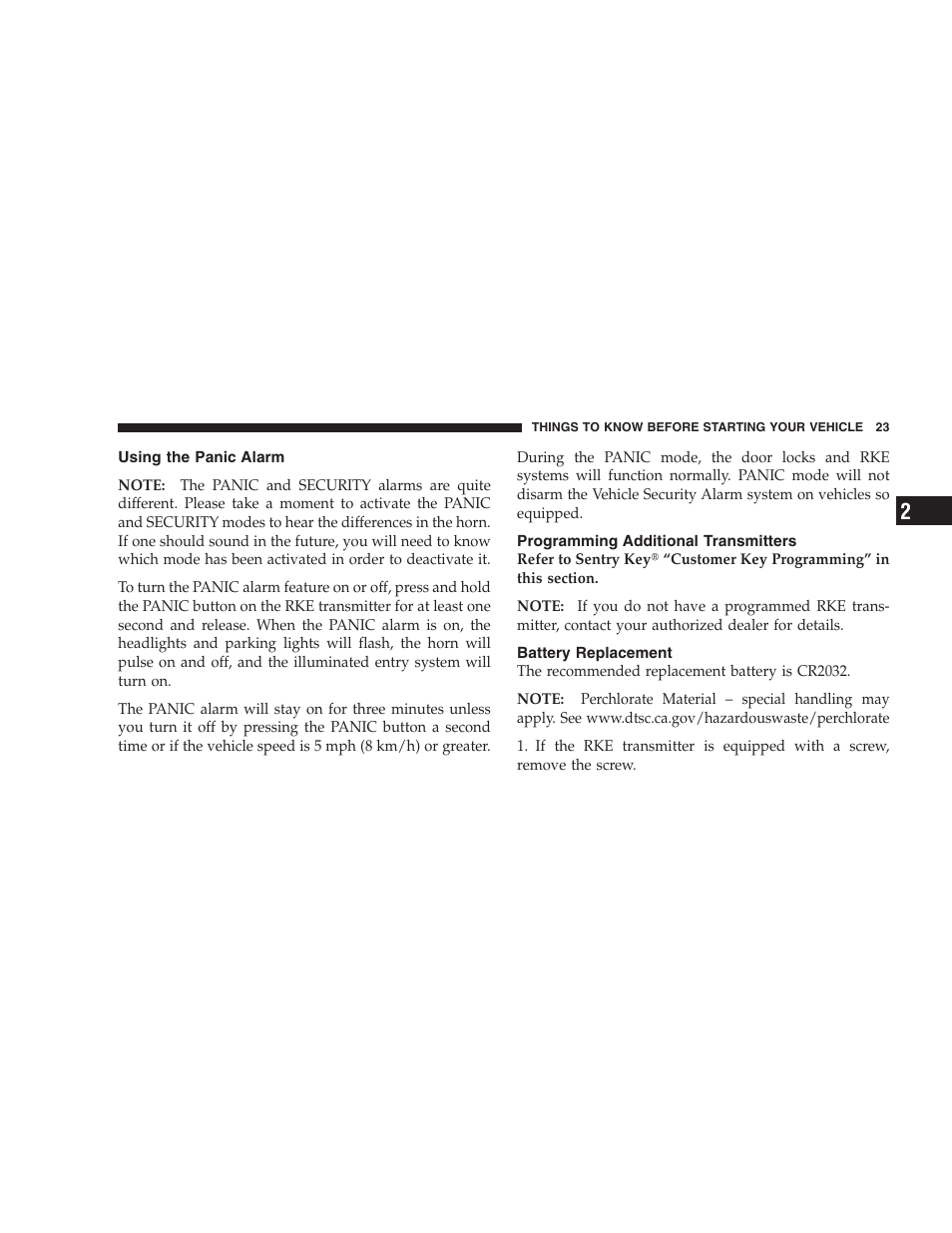 Using the panic alarm, Programming additional transmitters, Battery replacement | Dodge 2009 Nitro User Manual | Page 25 / 459