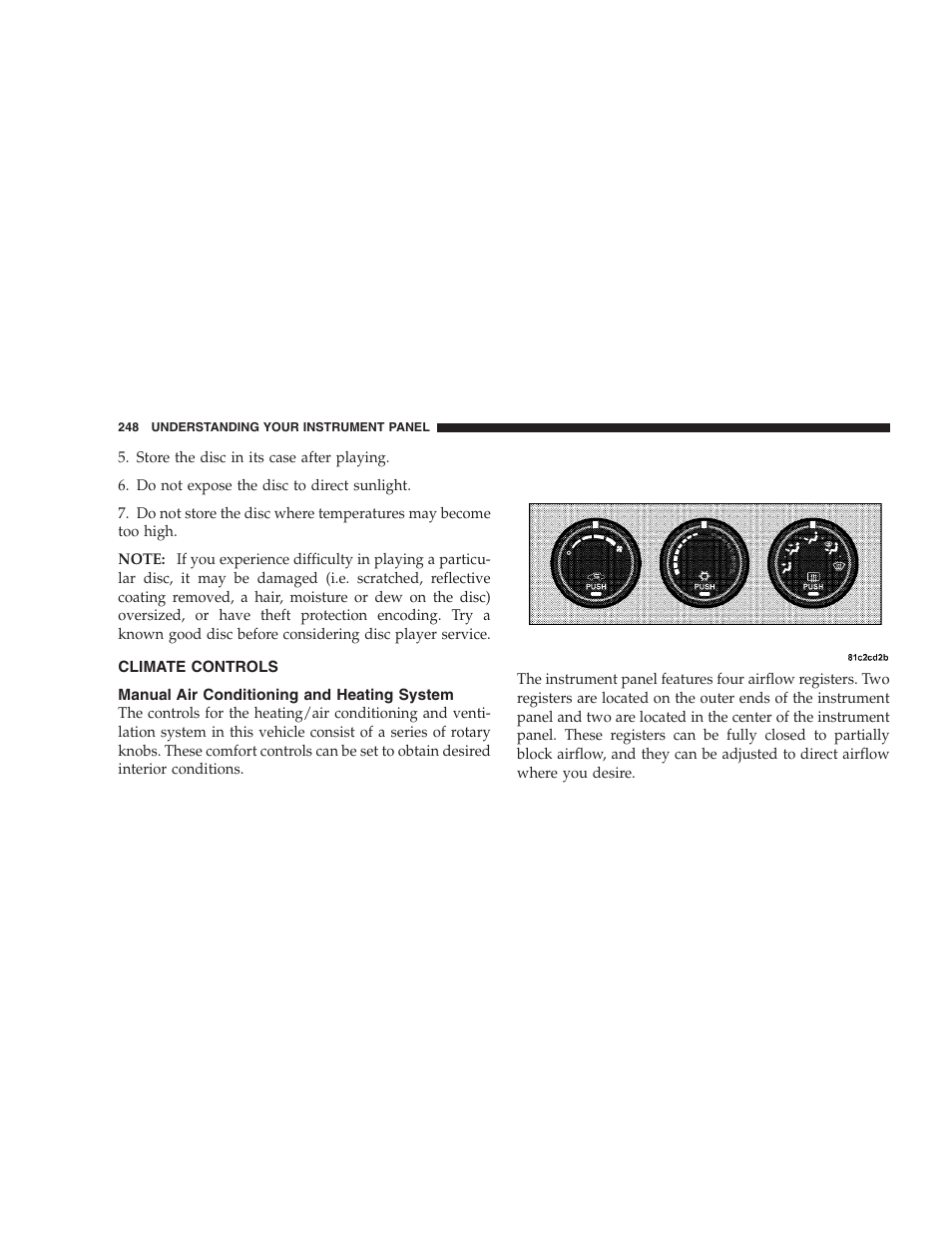 Climate controls, Manual air conditioning and heating system | Dodge 2009 Nitro User Manual | Page 250 / 459