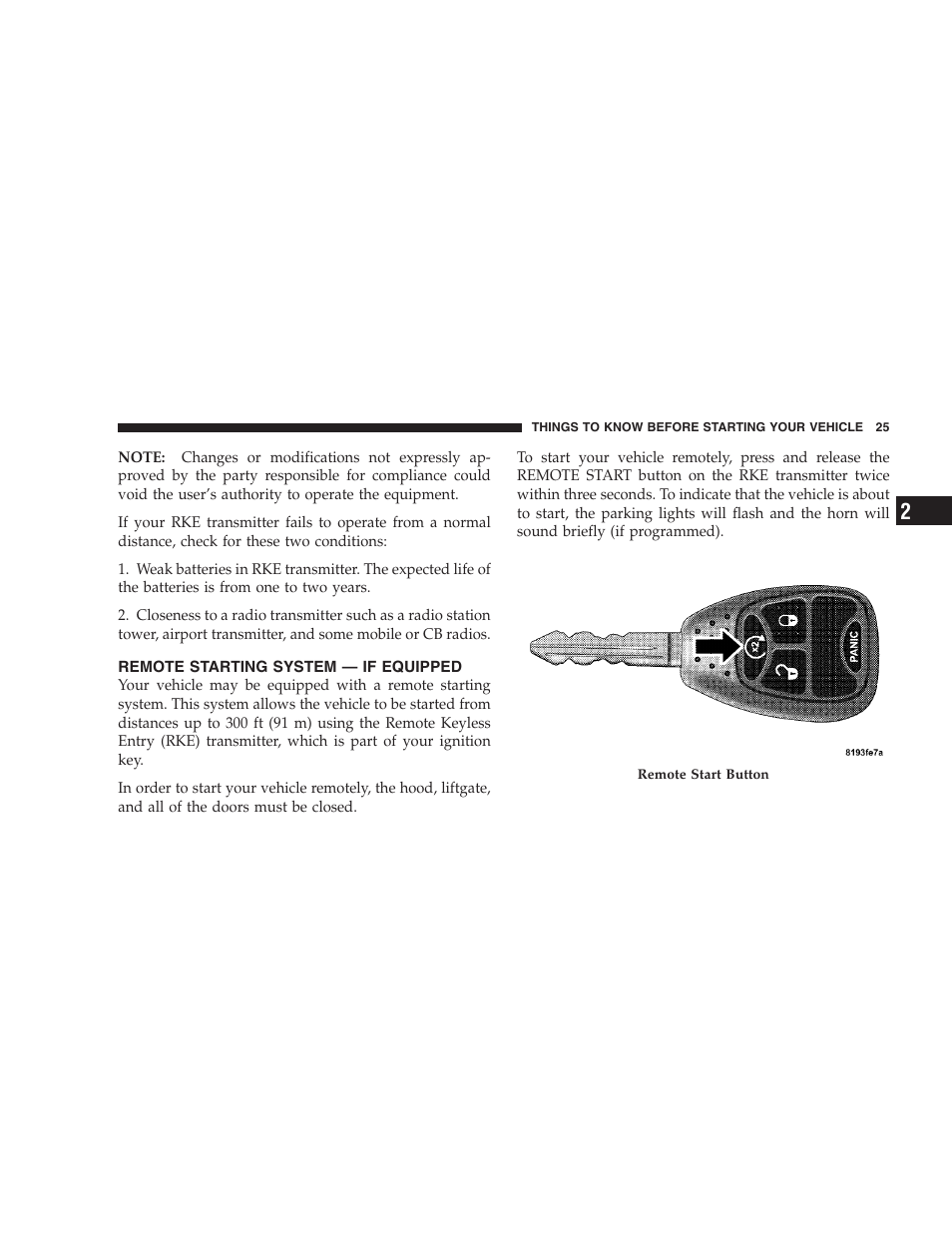 Remote starting system - if equipped, Remote starting system — if equipped | Dodge 2009 Nitro User Manual | Page 27 / 459