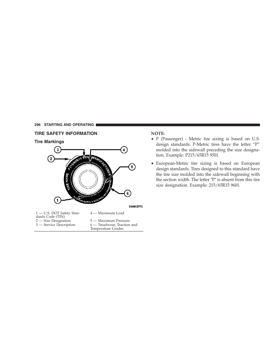 Tire safety information, Tire markings | Dodge 2009 Nitro User Manual | Page 298 / 459