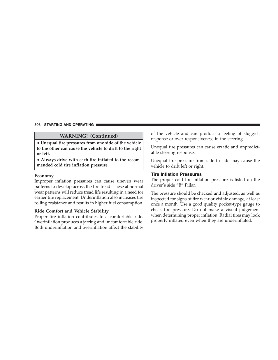 Tire inflation pressures, Replacement tires | Dodge 2009 Nitro User Manual | Page 308 / 459
