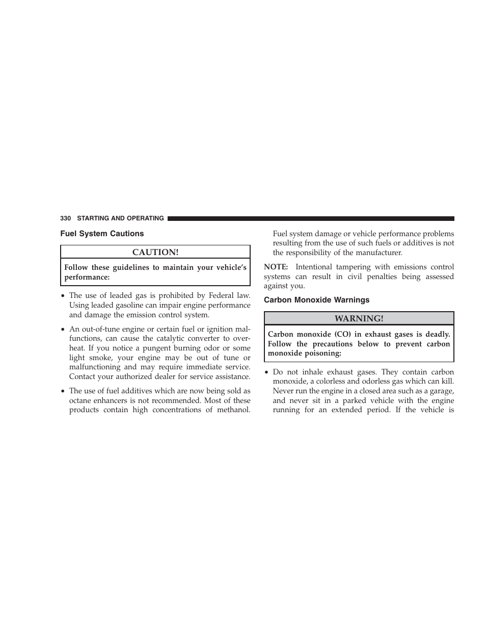 Fuel system cautions, Carbon monoxide warnings, Trailer towing | Common towing definitions | Dodge 2009 Nitro User Manual | Page 332 / 459