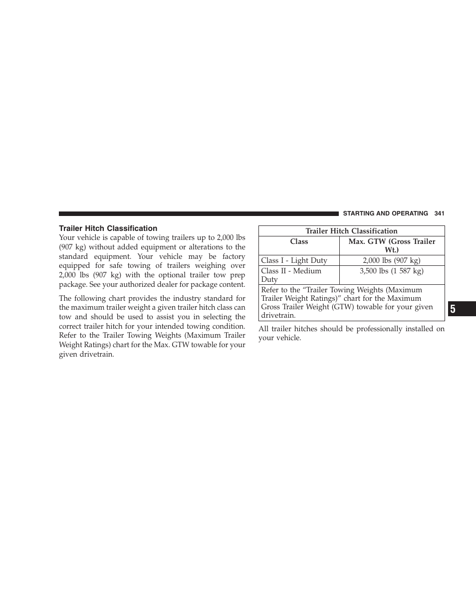 Trailer hitch classification | Dodge 2009 Nitro User Manual | Page 343 / 459