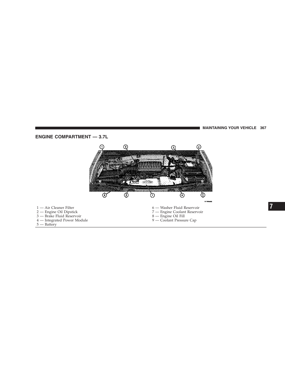 Engine compartment - 3.7l, Maintenance procedures, Engine oil | Dodge 2009 Nitro User Manual | Page 369 / 459