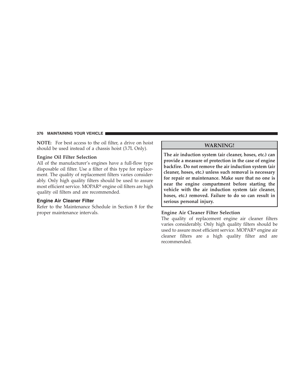 Engine air cleaner filter, Cooling system | Dodge 2009 Nitro User Manual | Page 378 / 459