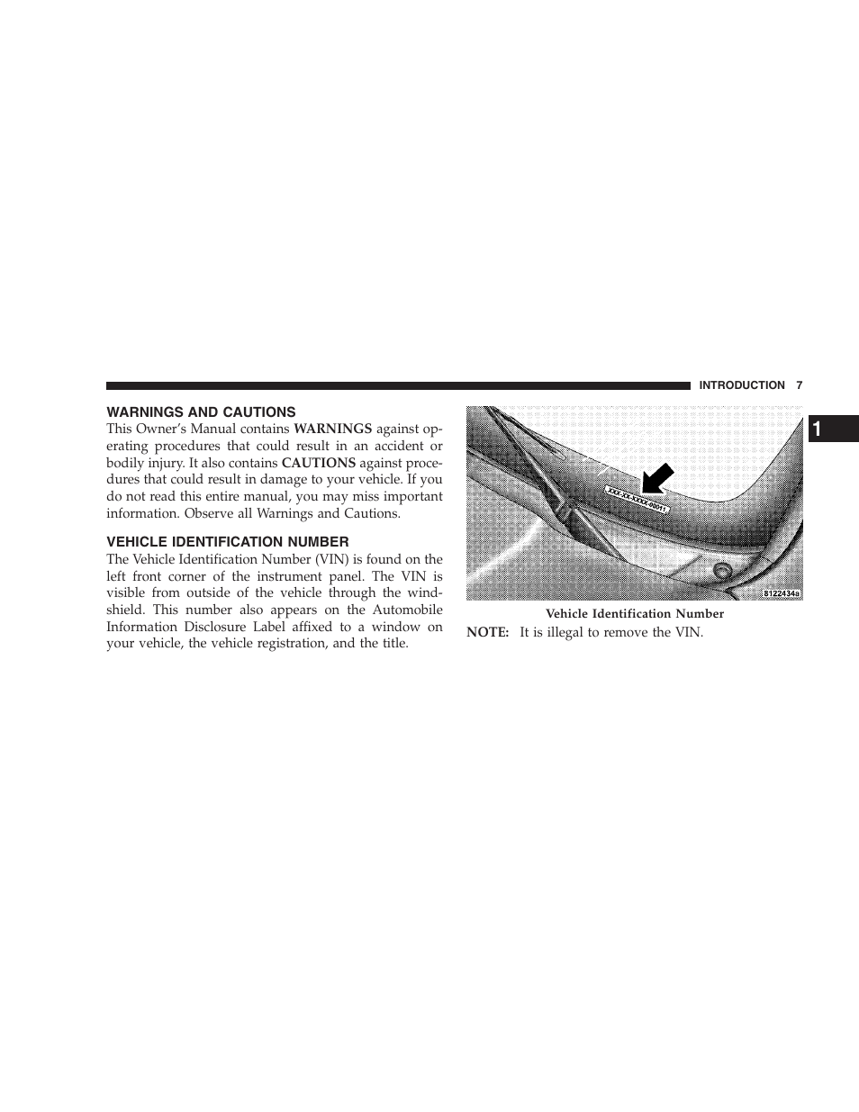 Warnings and cautions, Vehicle identification number | Dodge 2009 Nitro User Manual | Page 9 / 459
