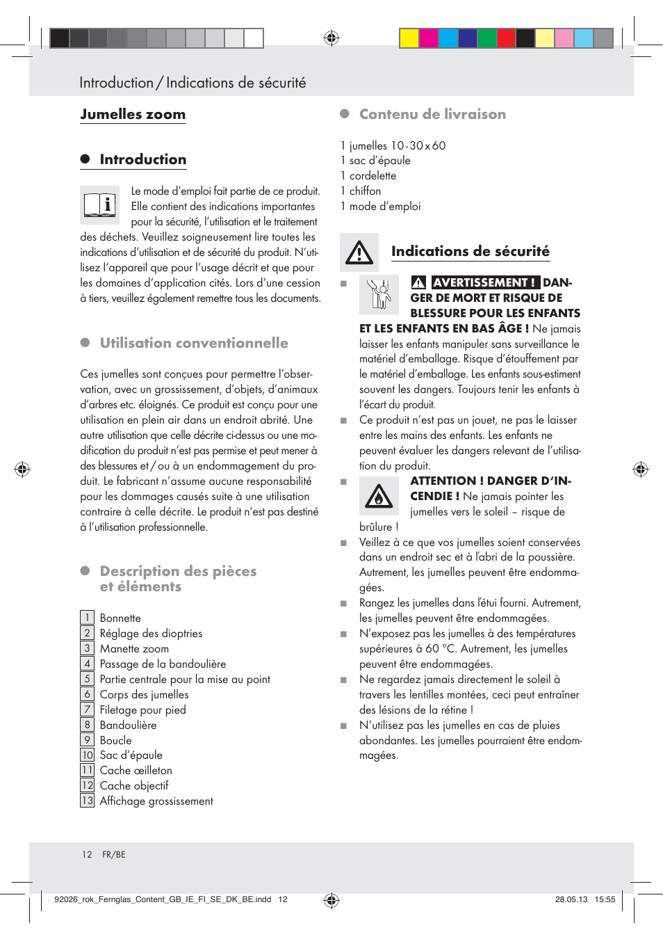 Introduction / indications de sécurité, Jumelles zoom, Introduction | Utilisation conventionnelle, Description des pièces et éléments, Contenu de livraison, Indications de sécurité | Auriol Z30373 User Manual | Page 12 / 20