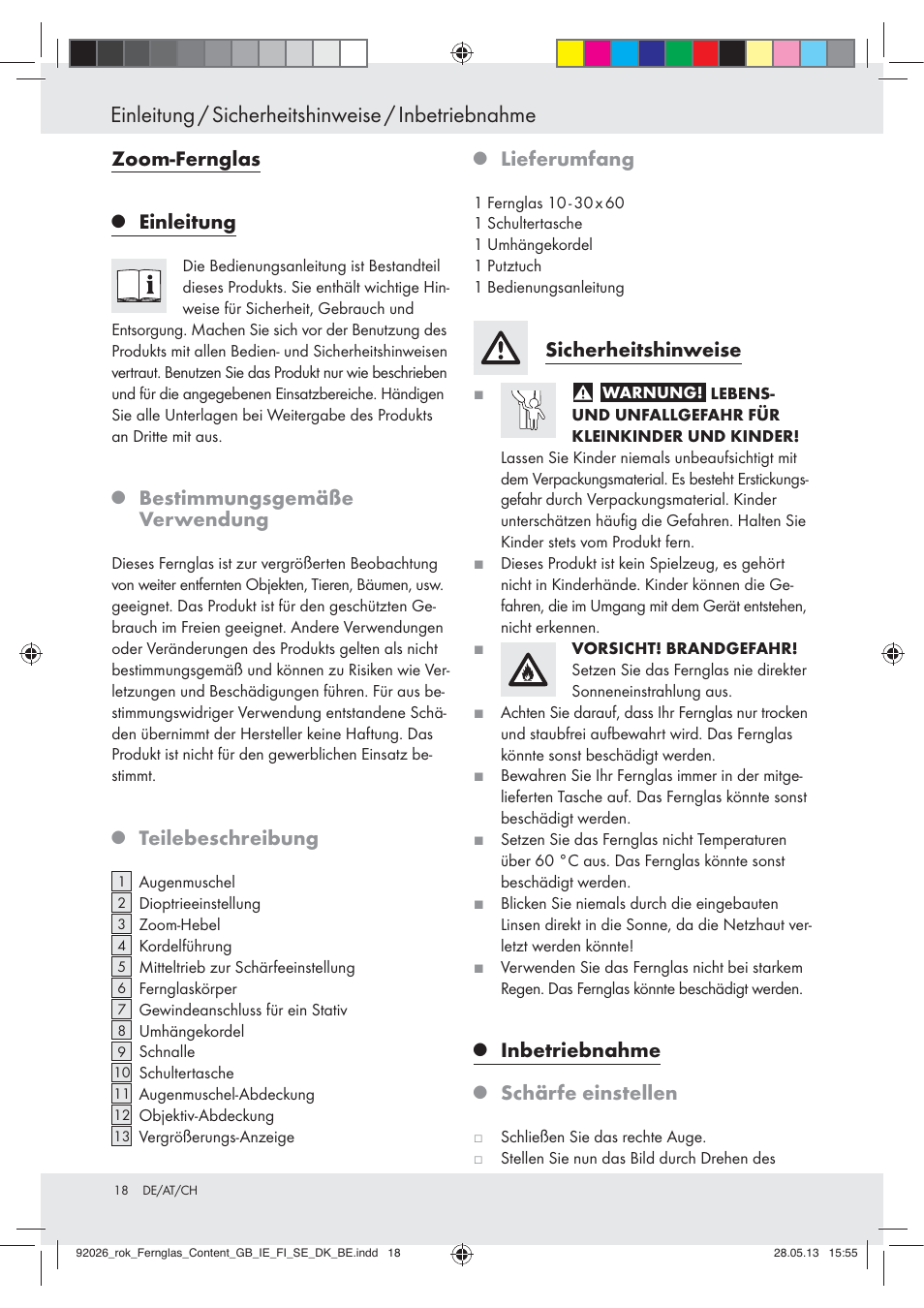 Einleitung / sicherheitshinweise / inbetriebnahme, Zoom-fernglas, Einleitung | Bestimmungsgemäße verwendung, Teilebeschreibung, Lieferumfang, Sicherheitshinweise, Inbetriebnahme, Schärfe einstellen | Auriol Z30373 User Manual | Page 18 / 20