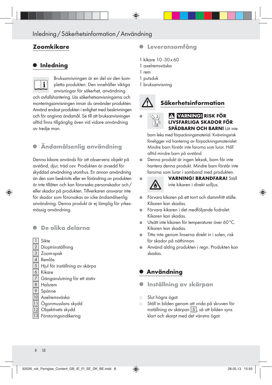 Inledning / säkerhetsinformation / användning, Zoomkikare, Inledning | Ändamålsenlig användning, De olika delarna, Leveransomfång, Säkerhetsinformation, Användning, Inställning av skärpan | Auriol Z30373 User Manual | Page 8 / 20