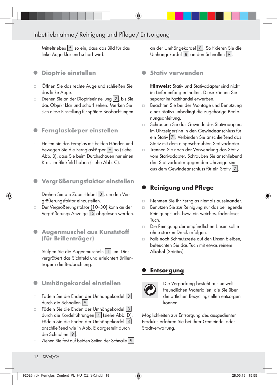 Inbetriebnahme / reinigung und pflege / entsorgung, Dioptrie einstellen, Fernglaskörper einstellen | Vergrößerungsfaktor einstellen, Augenmuschel aus kunststoﬀ (für brillenträger), Umhängekordel einstellen, Stativ verwenden, Reinigung und pﬂege, Entsorgung | Auriol Z30373 User Manual | Page 18 / 19
