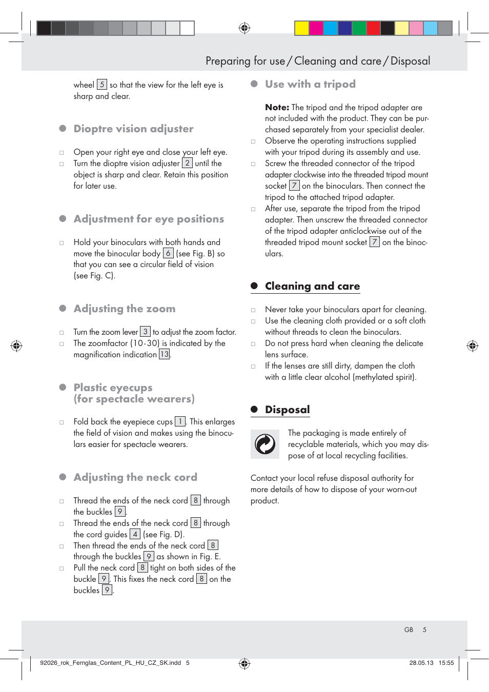 Preparing for use / cleaning and care / disposal, Dioptre vision adjuster, Adjustment for eye positions | Adjusting the zoom, Plastic eyecups (for spectacle wearers), Adjusting the neck cord, Use with a tripod, Cleaning and care, Disposal | Auriol Z30373 User Manual | Page 5 / 19