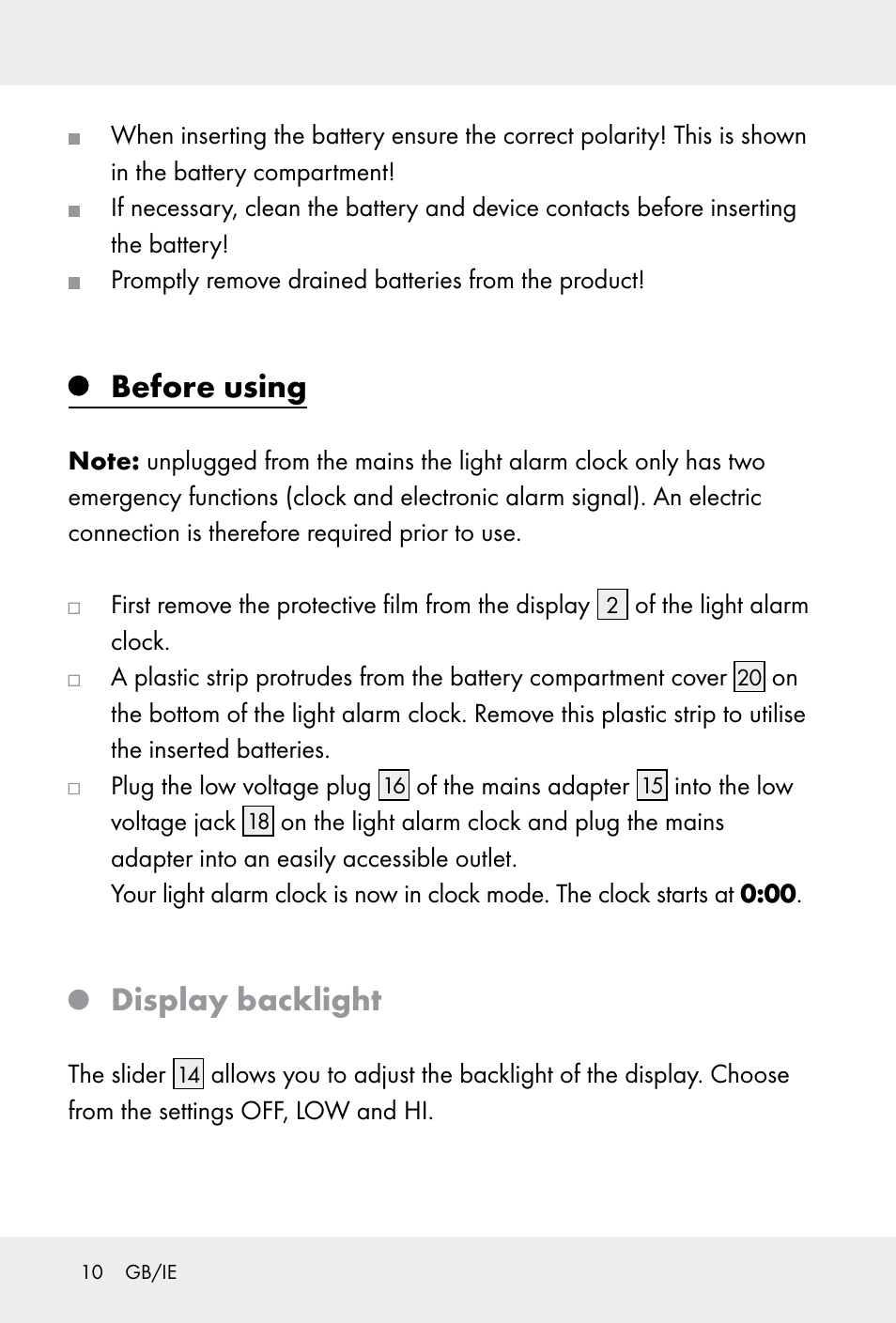 Before using, Display backlight | Auriol H14371 User Manual | Page 10 / 67