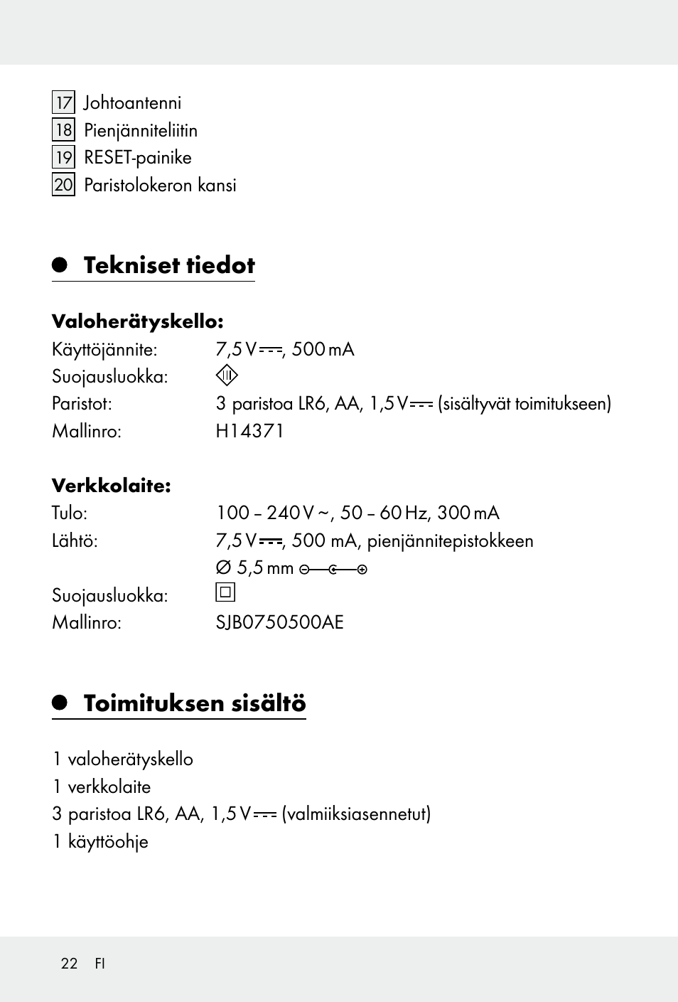 Tekniset tiedot, Toimituksen sisältö | Auriol H14371 User Manual | Page 22 / 67