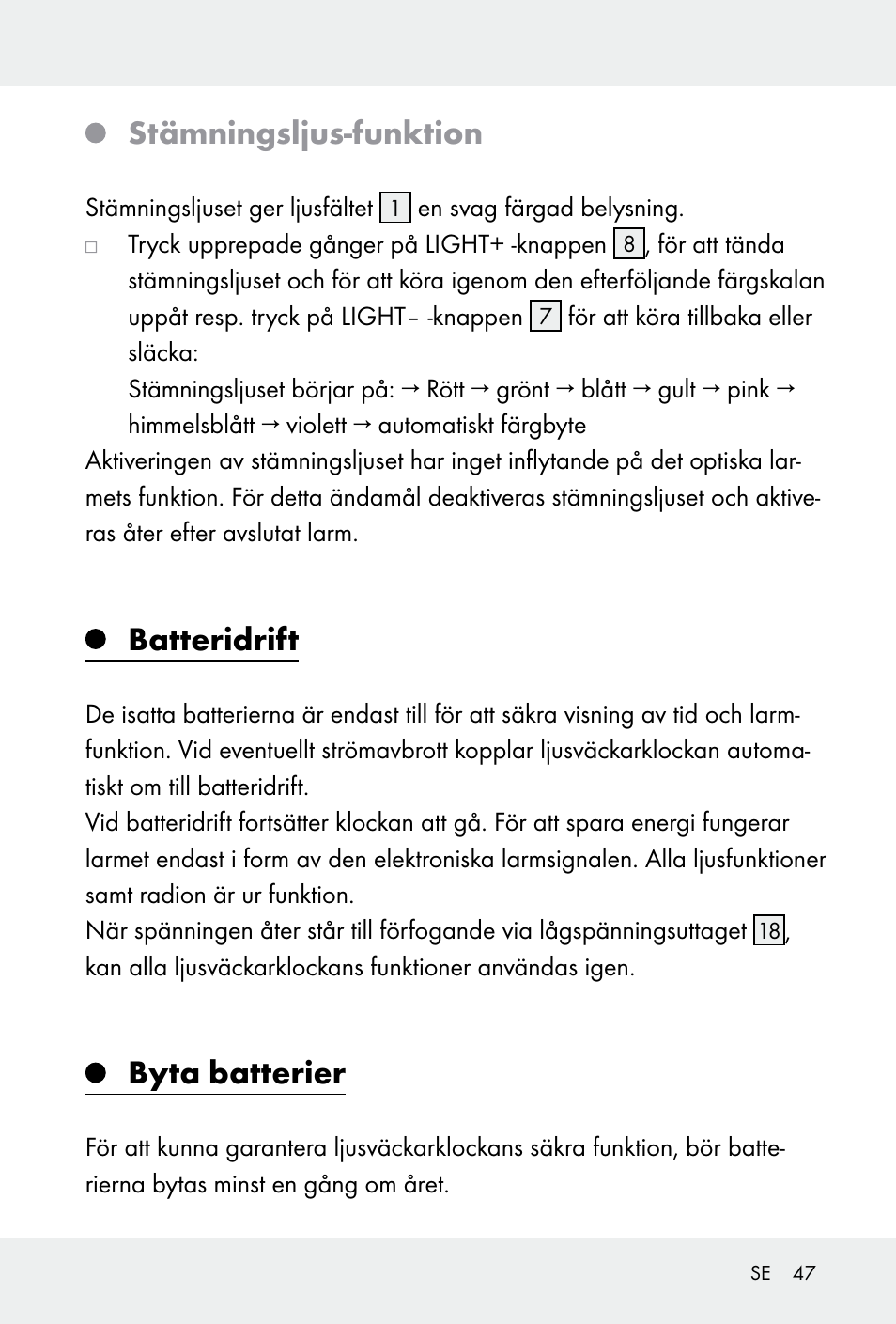 Stämningsljus-funktion, Batteridrift, Byta batterier | Auriol H14371 User Manual | Page 47 / 67