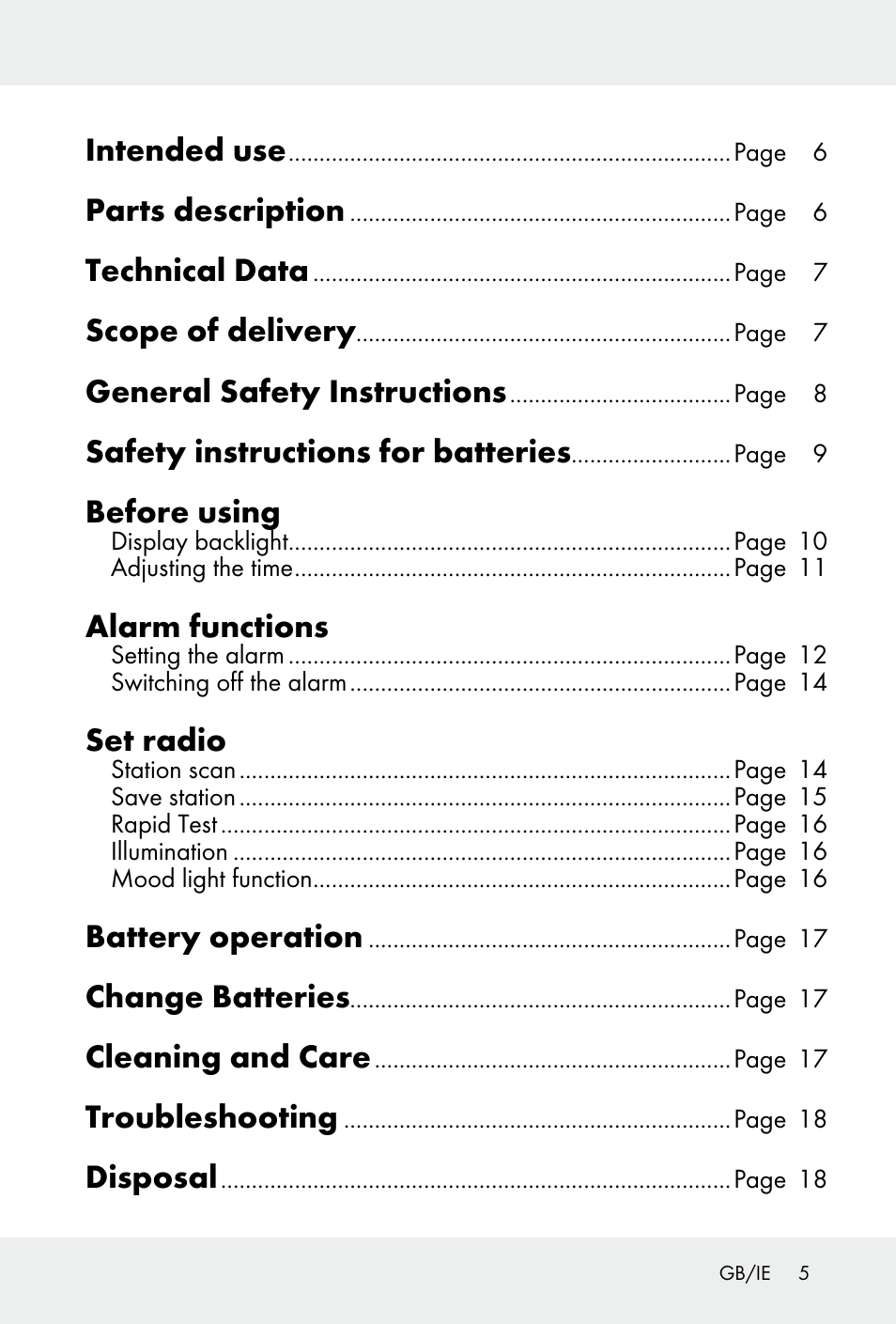 Intended use, Parts description, Technical data | Scope of delivery, General safety instructions, Safety instructions for batteries, Before using, Alarm functions, Set radio, Battery operation | Auriol H14371 User Manual | Page 5 / 67