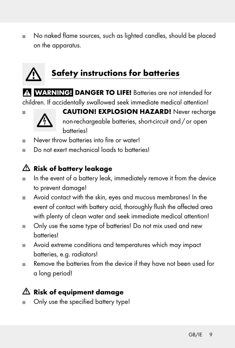 Safety instructions for batteries | Auriol H14371 User Manual | Page 9 / 67