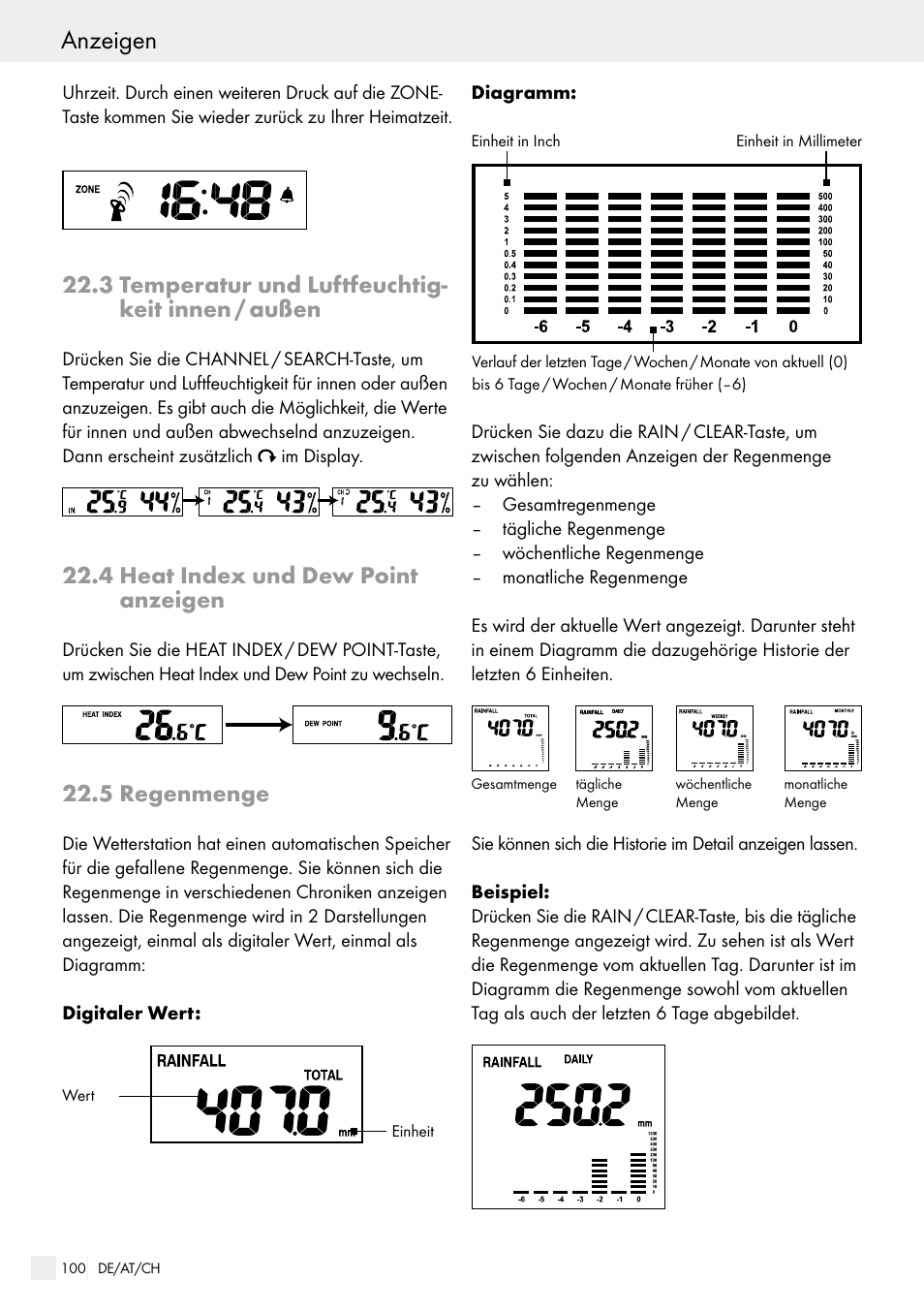 Anzeigen, 3 temperatur und luftfeuchtig- keit innen / außen, 4 heat index und dew point anzeigen | 5 regenmenge | Auriol H13726 User Manual | Page 100 / 104