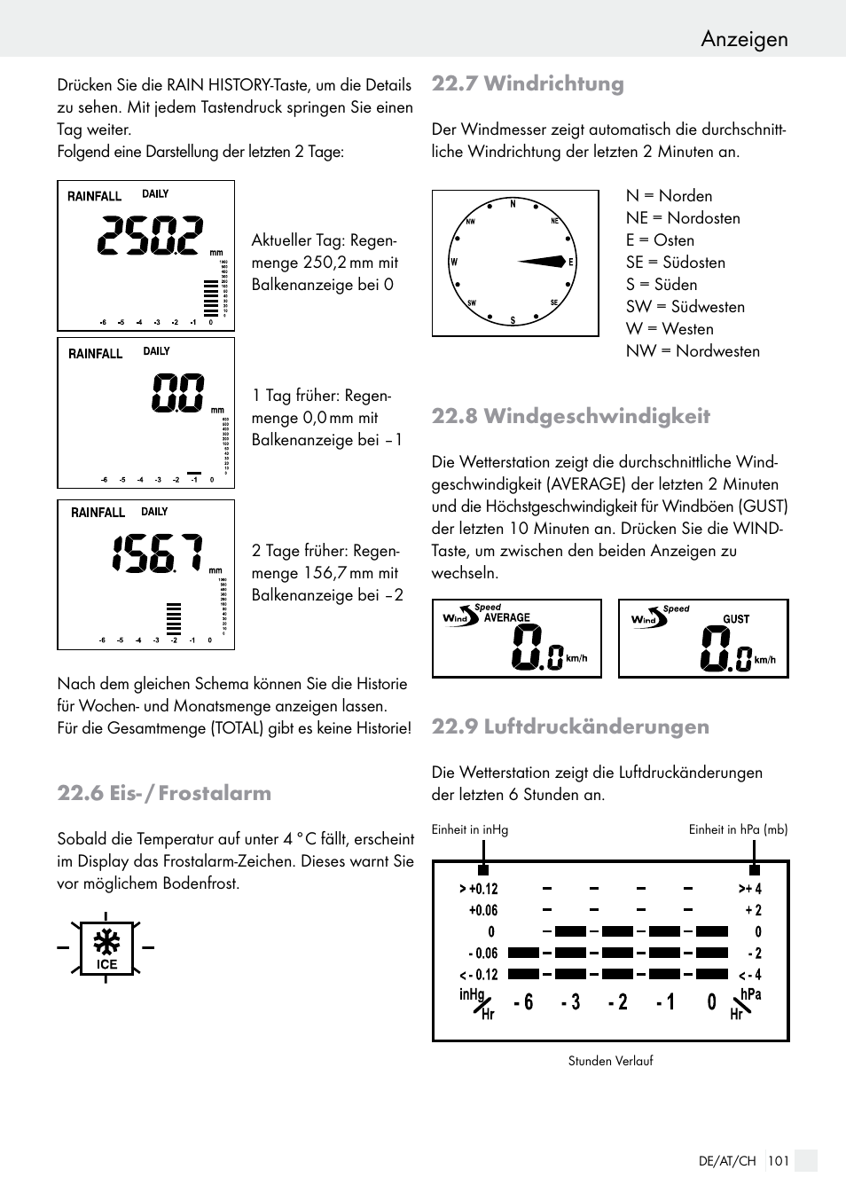 Anzeigen, 6 eis- / frostalarm, 7 windrichtung | 8 windgeschwindigkeit, 9 luftdruckänderungen | Auriol H13726 User Manual | Page 101 / 104