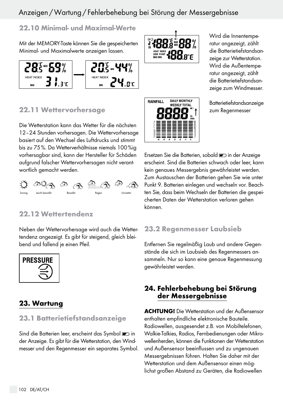 10 minimal- und maximal-werte, 11 wettervorhersage, 12 wettertendenz | Wartung 23.1 batterietiefstandsanzeige, 2 regenmesser laubsieb, Fehlerbehebung bei störung der messergebnisse | Auriol H13726 User Manual | Page 102 / 104