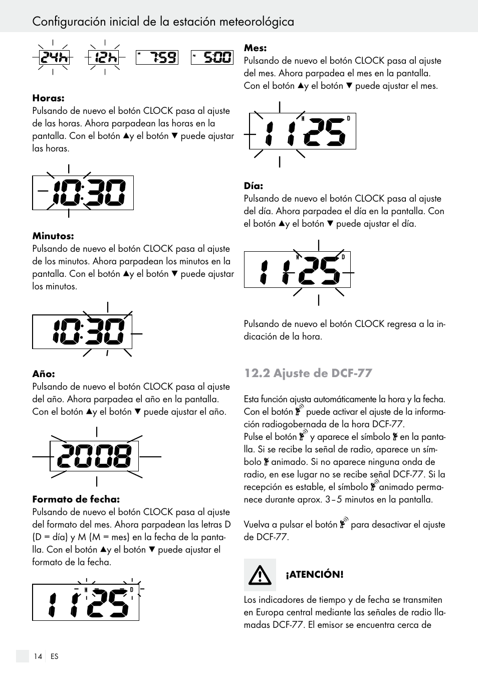 2 ajuste de dcf-77, Configuración inicial de la estación meteorológica | Auriol H13726 User Manual | Page 14 / 104