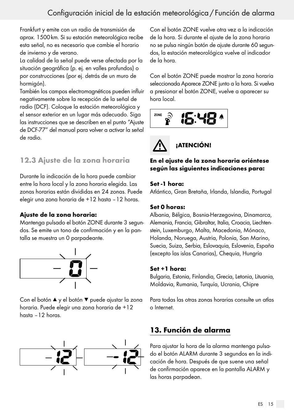 3 ajuste de la zona horaria, Función de alarma | Auriol H13726 User Manual | Page 15 / 104