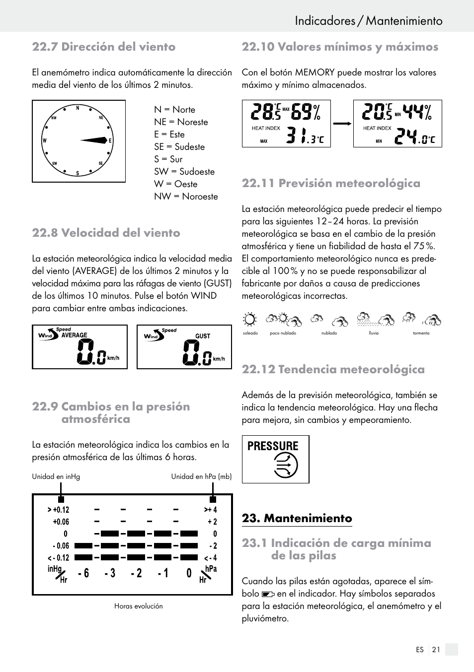 7 dirección del viento, 8 velocidad del viento, 9 cambios en la presión atmosférica | 10 valores mínimos y máximos, 11 previsión meteorológica, 12 tendencia meteorológica, Mantenimiento, 1 indicación de carga mínima de las pilas, Indicadores / mantenimiento, 9 cambios en la presión atmosférica | Auriol H13726 User Manual | Page 21 / 104