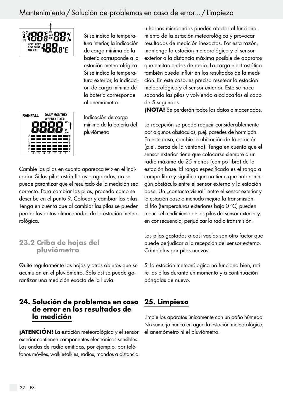 2 criba de hojas del pluviómetro, Limpieza | Auriol H13726 User Manual | Page 22 / 104