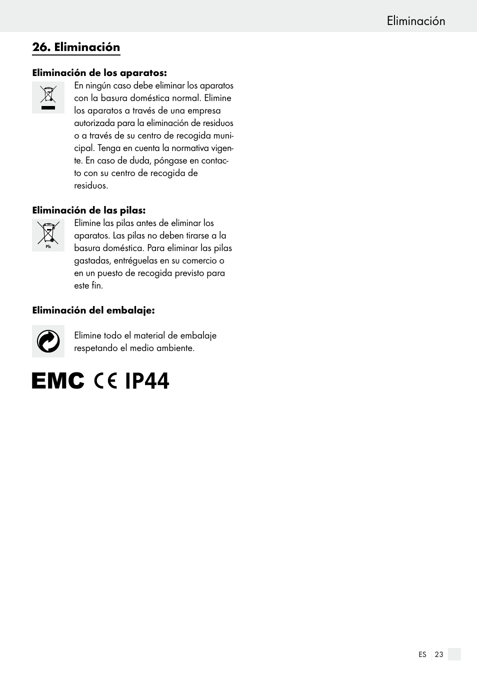 Eliminación | Auriol H13726 User Manual | Page 23 / 104