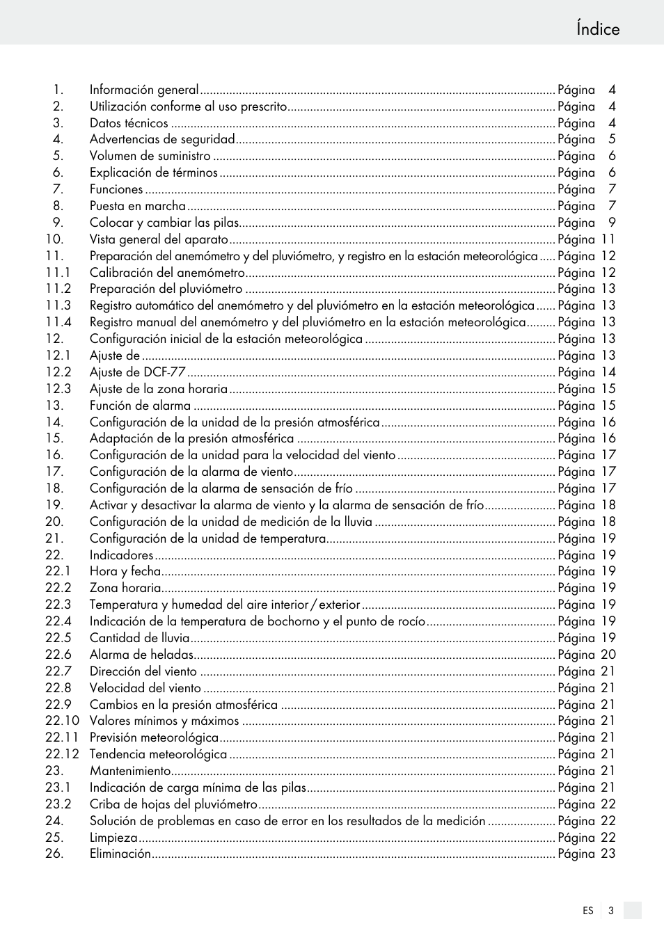 Índice | Auriol H13726 User Manual | Page 3 / 104