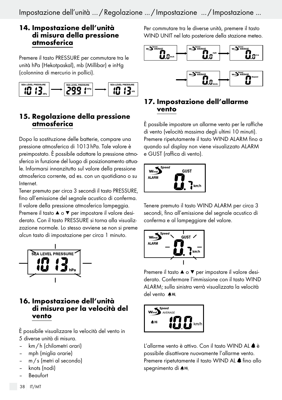 regolazione della pressione atmosferica, impostazione dell’allarme vento | Auriol H13726 User Manual | Page 38 / 104