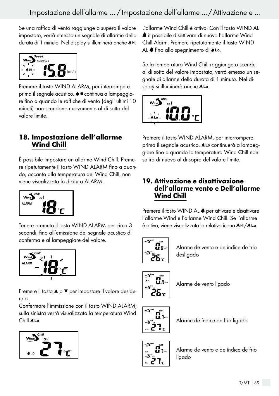 impostazione dell’allarme wind chill, Impostazione dell’allarme wind chill | Auriol H13726 User Manual | Page 39 / 104