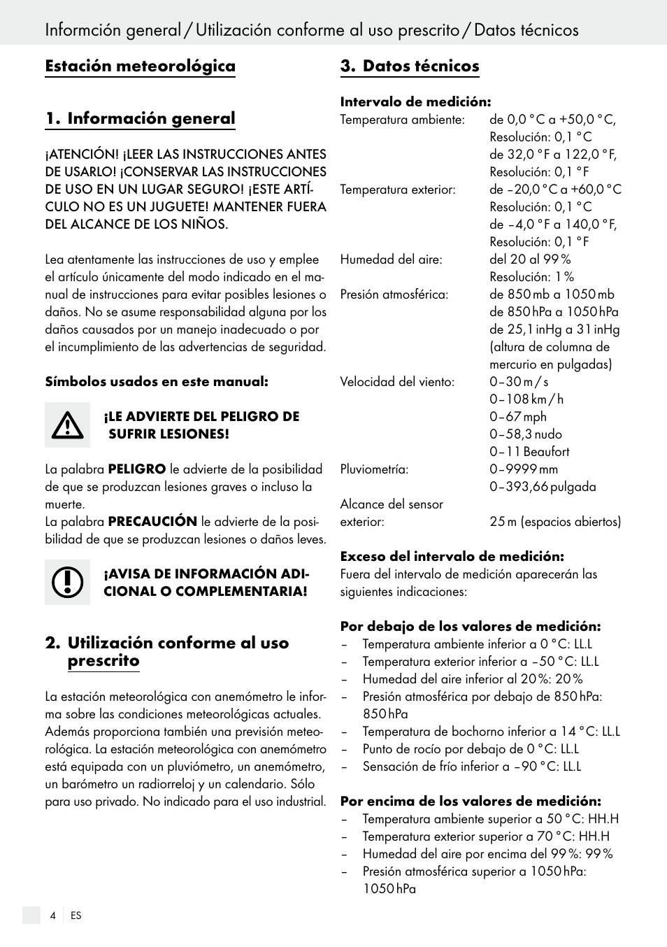 utilización conforme al uso prescrito, datos técnicos, Estación meteorológica 1. información general | Utilización conforme al uso prescrito, Datos técnicos | Auriol H13726 User Manual | Page 4 / 104