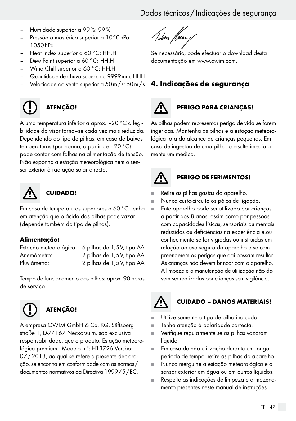 Indicações de segurança, Dados técnicos / indicações de segurança | Auriol H13726 User Manual | Page 47 / 104