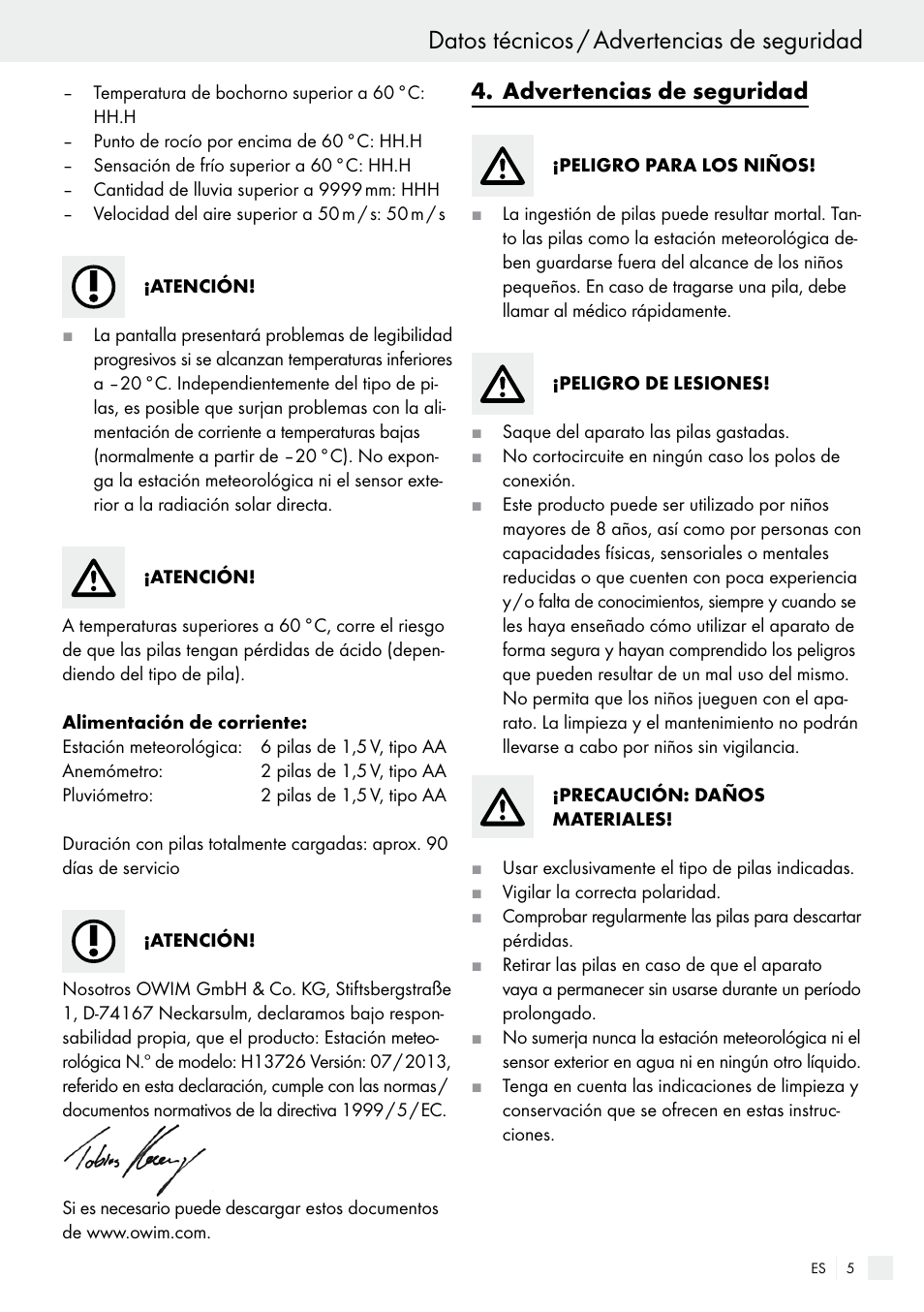 advertencias de seguridad, Datos técnicos / advertencias de seguridad, Advertencias de seguridad | Auriol H13726 User Manual | Page 5 / 104