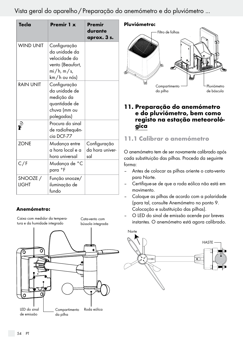 1 calibrar o anemómetro, Preparação do anemómetro e do pluviómetro | Auriol H13726 User Manual | Page 54 / 104