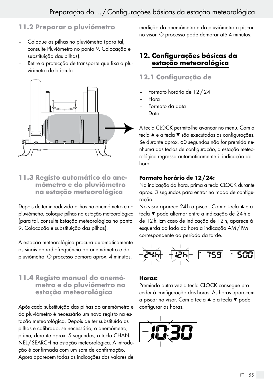 2 preparar o pluviómetro, configurações básicas da estação meteorológica, 1 configuração de | Auriol H13726 User Manual | Page 55 / 104