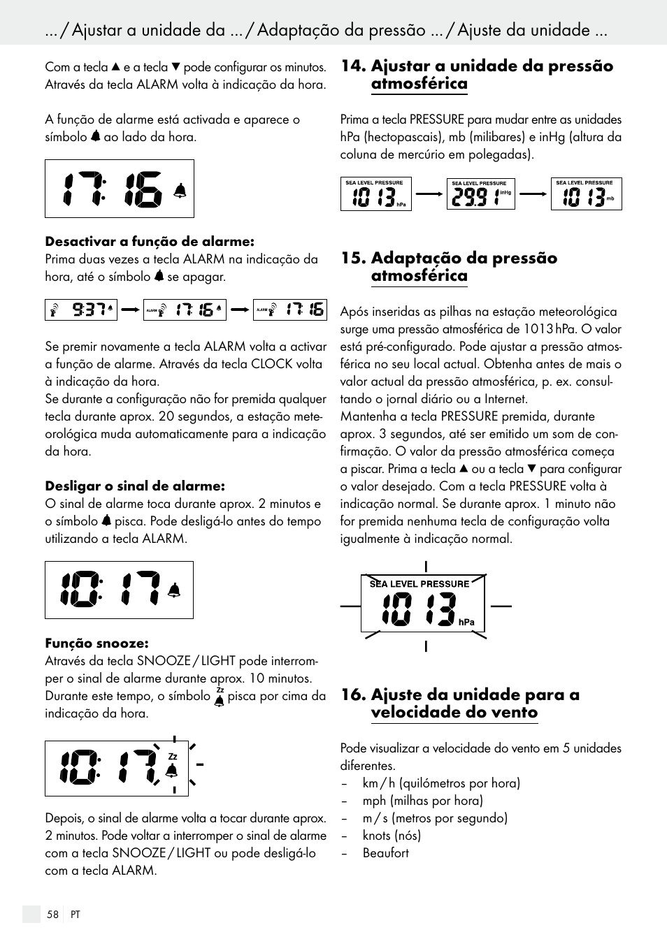 ajustar a unidade da pressão atmosférica, adaptação da pressão atmosférica, ajuste da unidade para a velocidade do vento | Auriol H13726 User Manual | Page 58 / 104