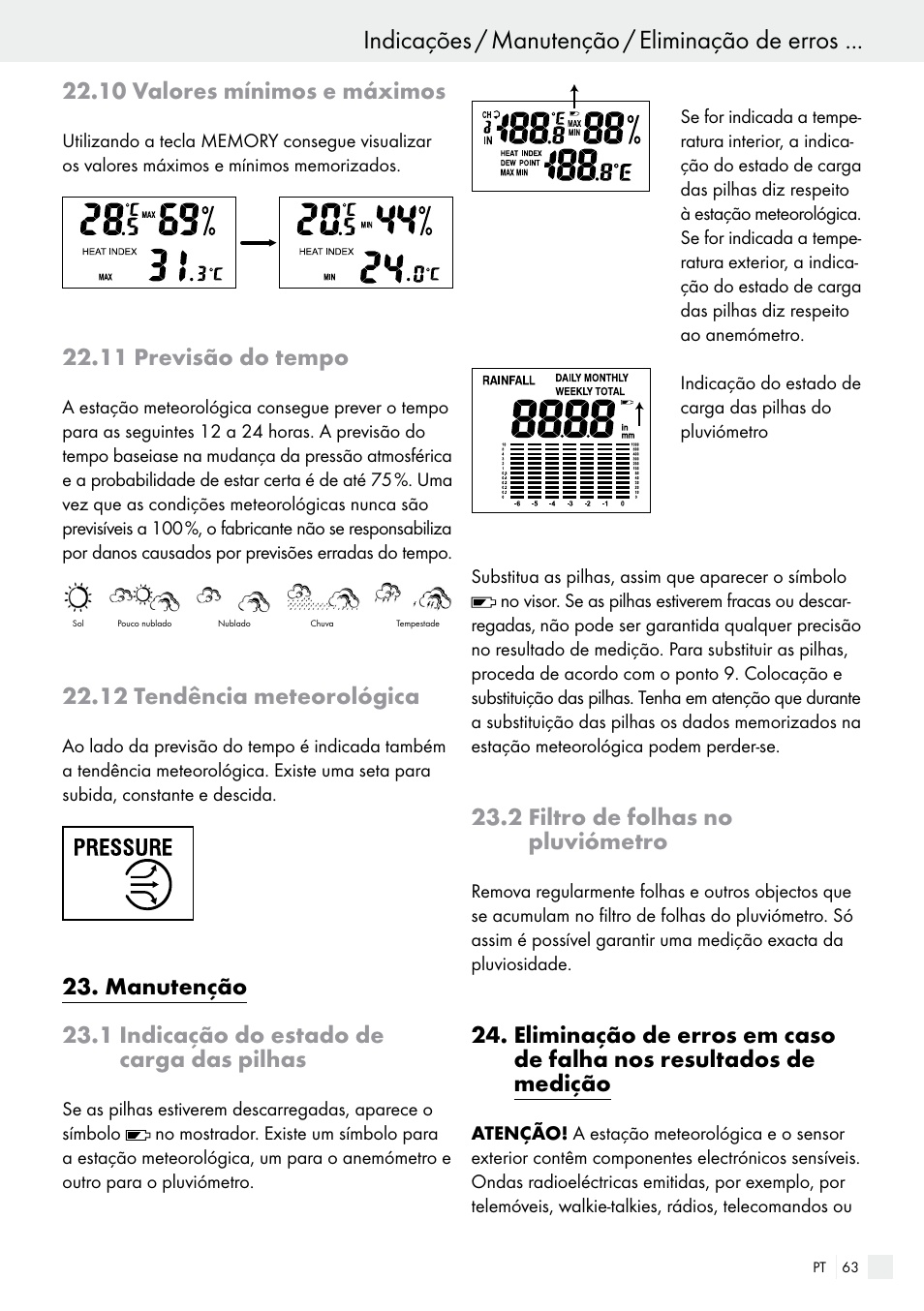 10 valores mínimos e máximos, 11 previsão do tempo, 12 tendência meteorológica | Manutenção, 1 indicação do estado de carga das pilhas, 2 filtro de folhas no pluviómetro, Indicações / manutenção / eliminação de erros, 2 filtro de folhas no pluviómetro | Auriol H13726 User Manual | Page 63 / 104