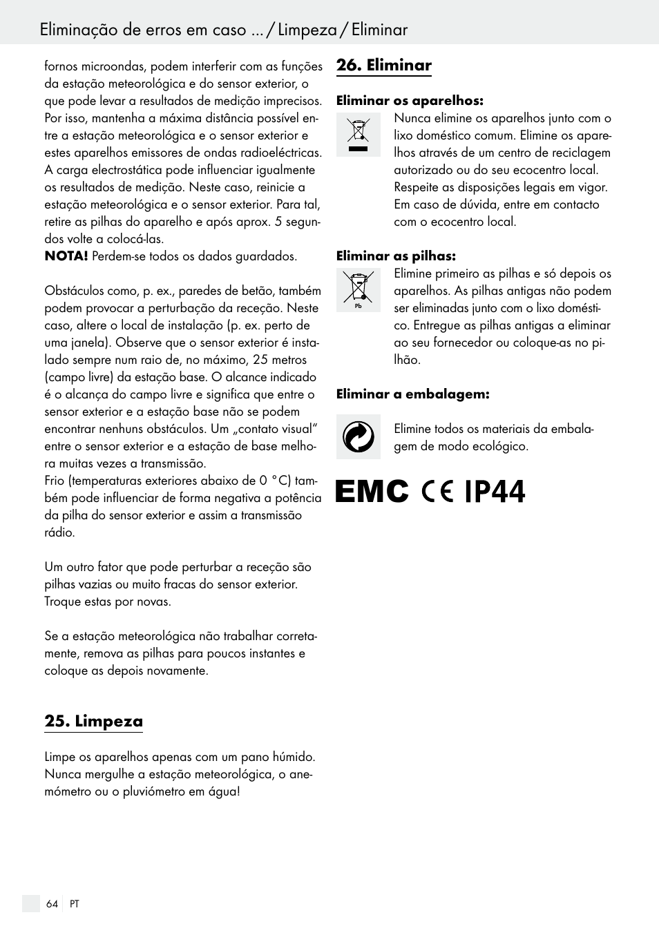 Limpeza, Eliminar | Auriol H13726 User Manual | Page 64 / 104