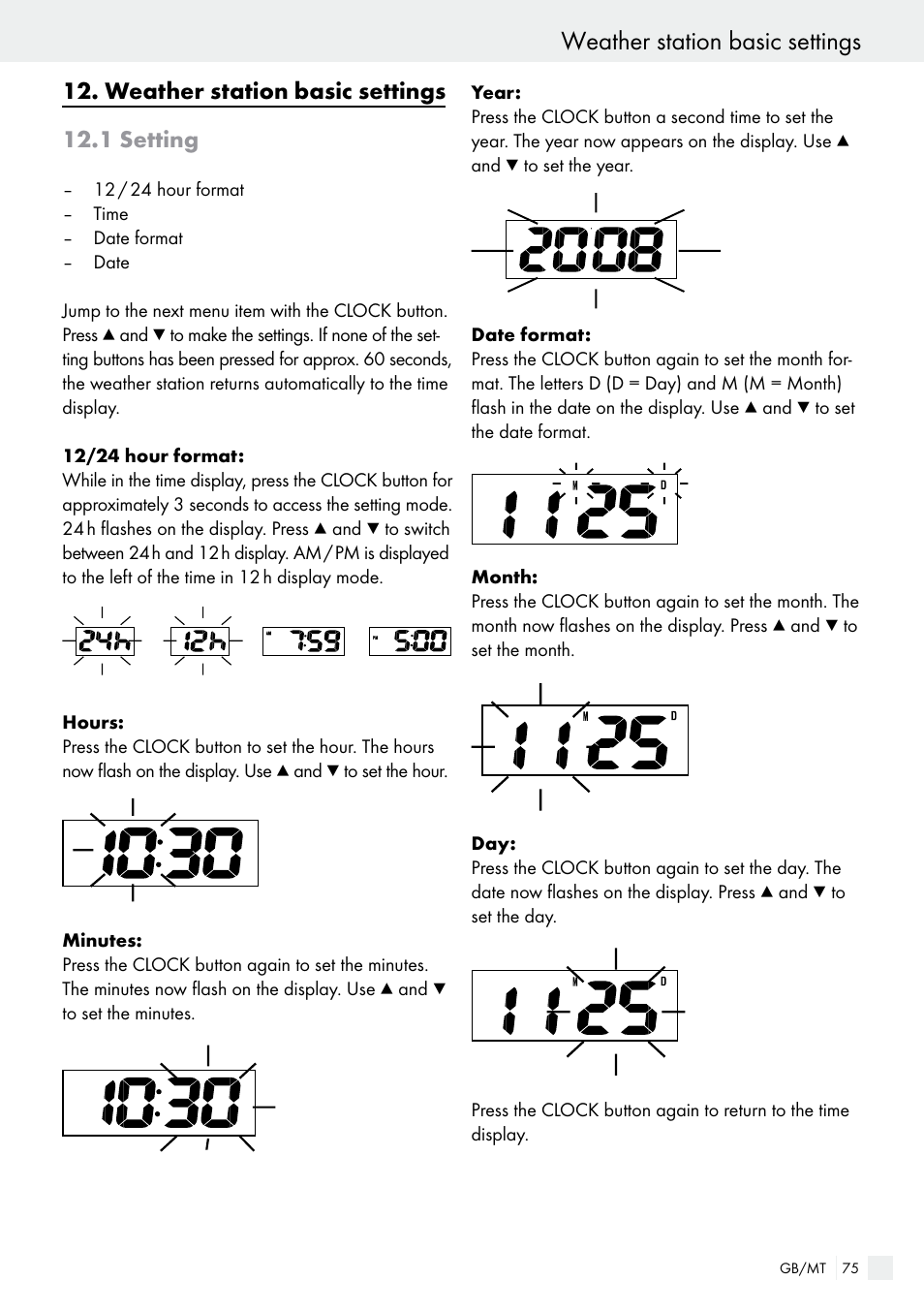 Weather station basic settings, 1 setting, Weather station basic settings 12.1 setting | Auriol H13726 User Manual | Page 75 / 104