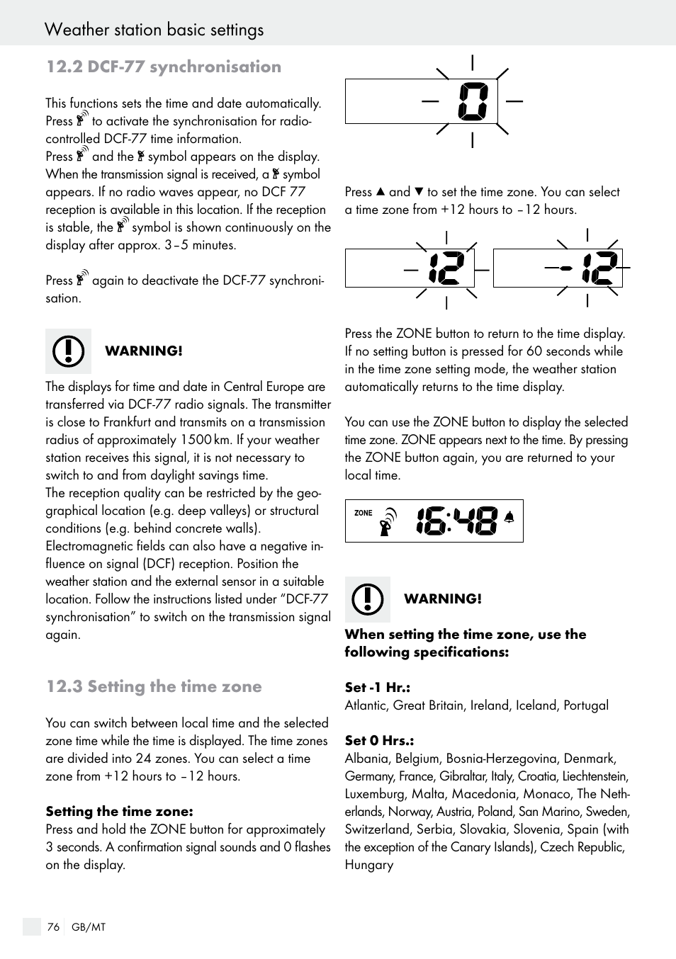 2 dcf-77 synchronisation, 3 setting the time zone, Weather station basic settings | Auriol H13726 User Manual | Page 76 / 104